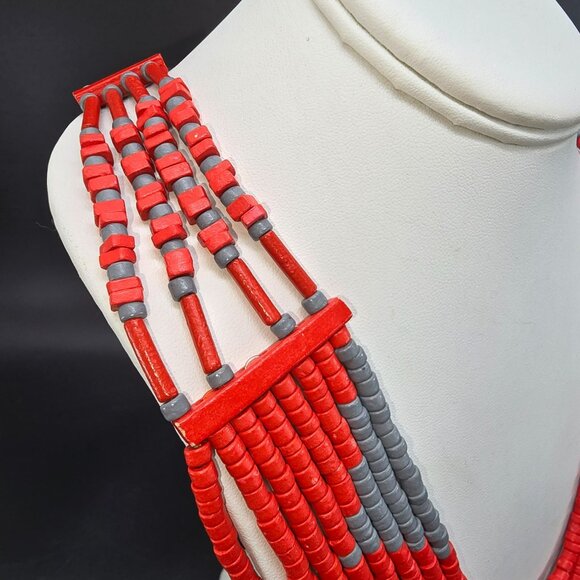 Vintage Multilayer Red & Gray Beaded Statement Necklace HS201 - Picture 6 of 9